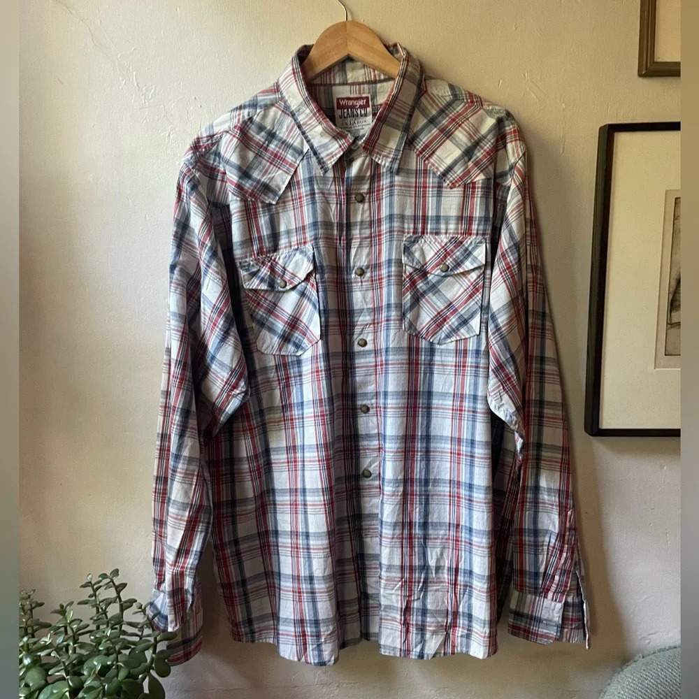 2XL Wrangler Plaid Long Sleeve Snap Shirt Western Style Cotton